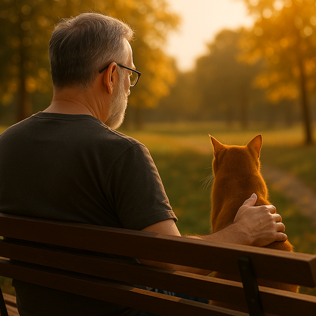 Fabrice Barbé avec son chat au coucher du soleil