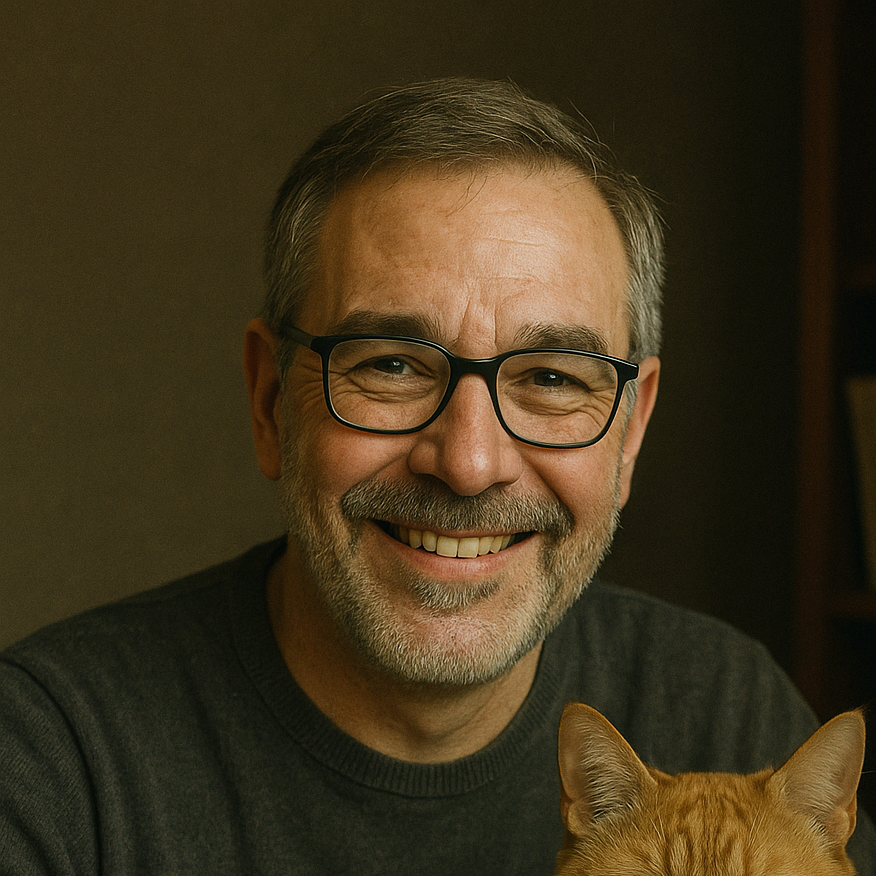 Fabrice Barbé, expert en éducation positive féline, souriant avec son chat roux, incarnant parfaitement sa passion et son approche bienveillante